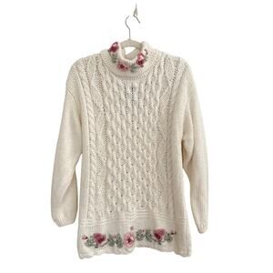 Vintage 90s By Design Chunky Floral Cable Knit Granny Sweater